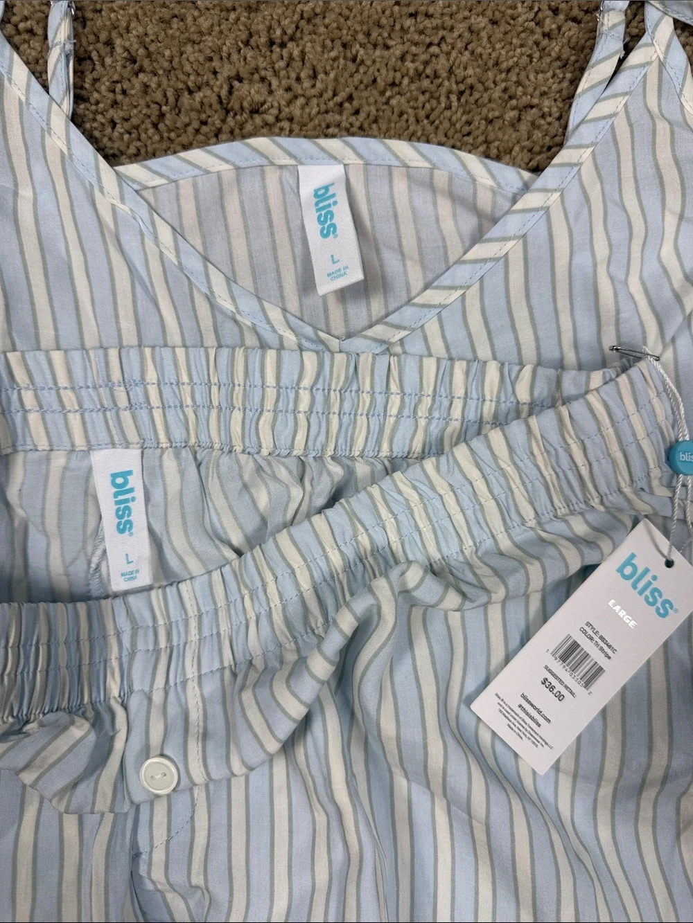 Bliss | Women's Light Blue & White Striped Cotton Cami & Shorts Sleep Set | L